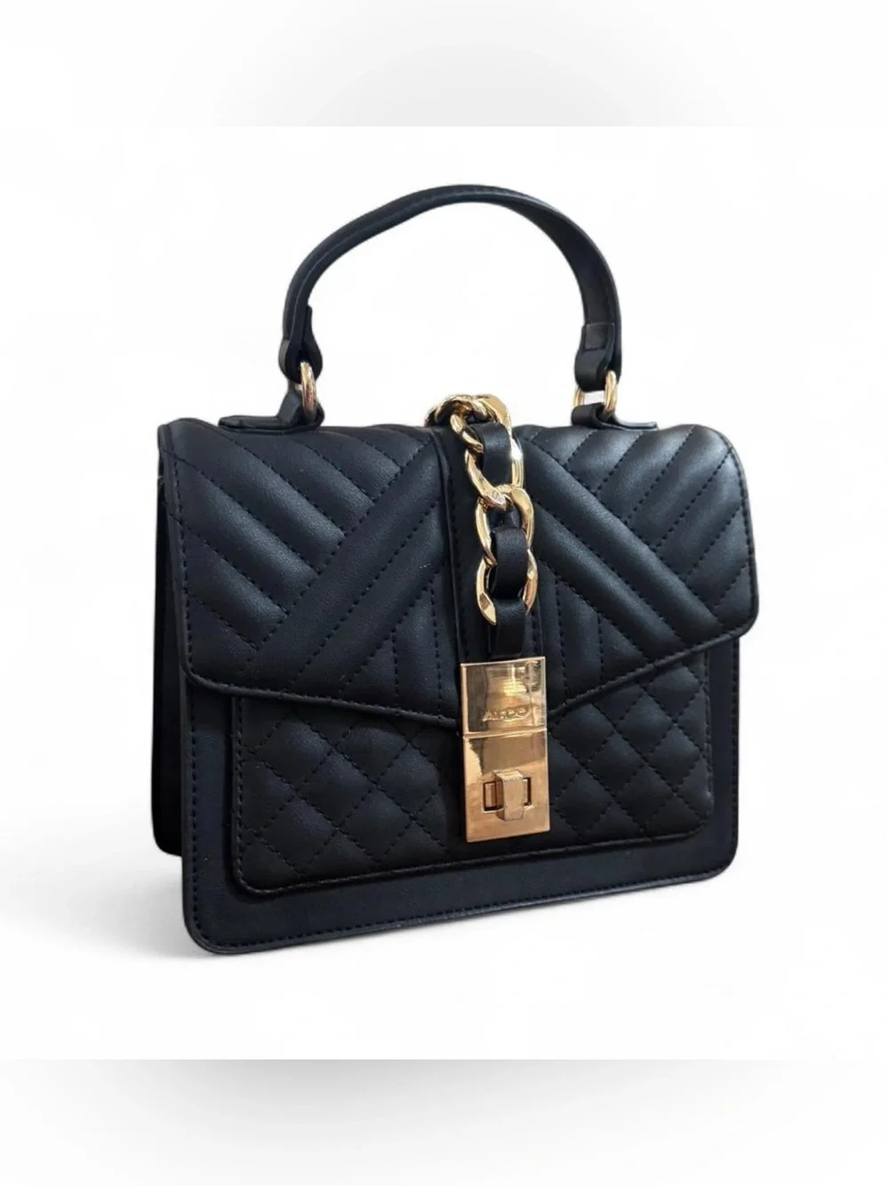 Black Quilted Top-Handle Handbag with Gold Chain Accent